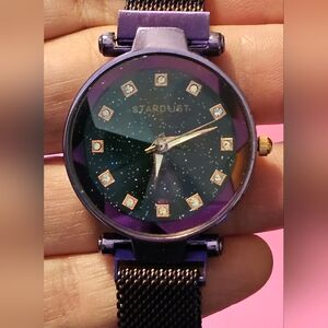 Stardust Purple and Black Watch with Diamond Glass, Rose toned & Crystal Accents